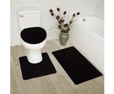 MK Home Collection 3-teiliges Badezimmerteppich-Set, Badematte, Konturmatte und Deckelbezug, rutschfeste Gummiunterseite, massiv schwarz