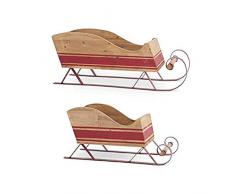 K&K Interiors 53782A Schlitten aus Naturholz, mit roten Streifen und Metallkufen, Braun, 2 Stück