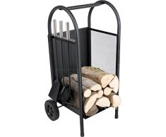 Orework Kaminholzregal mit Rollen und Kaminzubehör, Schwarz, 81 x 35 x 30 cm