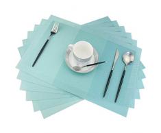Pigchcy Platzsets, hitzebeständig, Rutschfest, waschbar, leicht zu reinigen, gewebtes Vinyl, kleine doppelte Bordüre Set of 6 türkis