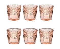 Luna Bazaar Vintage Glaskerzenhalter (3 Zoll, Ophelia Design, Vintage Rosa, 6er Set) - für Teelichter - für Zuhause, Partys und Hochzeitsdekorationen