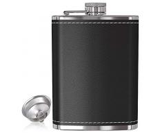 Pocket Liquor Flachmann 8 OZ mit Trichter – 100% auslaufsicher, 18/8 Edelstahl Fläschchen mit Schwarz oder Braun Leder Cover für diskrete Shot Trinken von Spirituosen und alkoholische Getränk schwarz