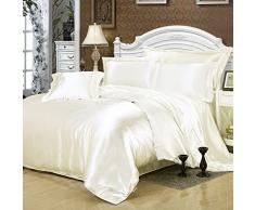 furlove Weich Home seidig Satin massiv Betten 4-teiliges Luxus Bettbezug Set (1 Bettbezug, 1 Bettlaken, 2 Kissenbezüge) einfach Pflege Anti-Falten Fleck & farbbeständig, Seide, weiß, Volle Größe