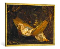 Gerahmtes Bild von Gustave Courbet Die Hängematte, Kunstdruck im hochwertigen handgefertigten Bilder-Rahmen, 100x70 cm, Gold Raya
