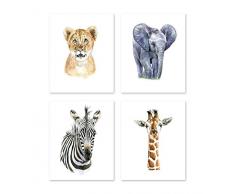 A2 Safari Thema Kinderzimmer Wandtattoo Kunst – Set von 4 – Watercolor afrikanischen Baby Tiere Gemälde – Wildlife Zoo Jungle Poster Prints – Zebra Löwe Giraffe Elefant – Kinder Kinder Bilder Hochformat (8 x 10)
