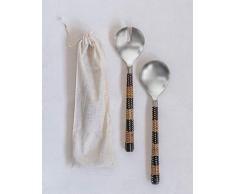 Creative Co-op Salatbesteck, Edelstahl, Rattan-Griffe und Tasche, Braun, 2 Stück