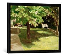 Gerahmtes Bild von Max Liebermann Gartenbank unter dem Kastanienbaum-Blühende Kastanien, Kunstdruck im hochwertigen handgefertigten Bilder-Rahmen, 70x50 cm, Schwarz matt