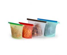 Wiederverwendbare Silikon-Aufbewahrungstaschen für Lebensmittel, 4 Stück, 2 große und 2 mittelgroße Aufbewahrungsbehälter, luftdicht und auslaufsicher, verschließbar, für Gemüse, Fleisch, Babynahrung, Snacks, Gefrierschrank, Mikrowelle Sous Vide