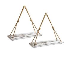 Y&ME Holzseil Hängeregal-Set, 2 Stück, rustikales Holz Hängeregal für Wand, Bauernhaus Seilregale mit 4 Haken für Schlafzimmer, Wohnzimmer, Badezimmer, 43,2 x 15,2 x 1,7 cm, Weizenfarben weiß