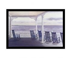 Buyartforless Poster/Kunstdruck Summer Lodge von Robert Duff, gerahmt, 71,1 x 45,7 cm, Küstenblick, Strandhaus, Blaue Schaukelstühle auf Veranda, Blick über Ozean, Grau