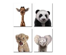 Baby Animal Prints Set mit 4 Baby-Tierbildern, 20,3 x 25,4 cm, Motiv: Panda, Elefant, Giraffe, Löwe, Kinderzimmerdekoration, Wandbilder, Kinderzimmerdekoration, Kinderzimmer, Kinderzimmer, Wandbild, ohne Rahmen