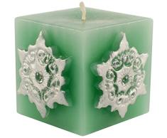 Magic Candle World Candles Grüne quadratische Stumpenkerze. Handbemalte Sterne mit Kristallen verziert. Winterkerze, Advent, Adventskranz, Weihnachts Deko.