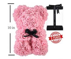 AZXU Rosenbär – Rose Teddybär auf jeder Rose Bär, perfekt für Jahrestage, durchsichtige Geschenkbox im Lieferumfang enthalten 25,4 cm (10 Zoll) Hellrosa Farbe