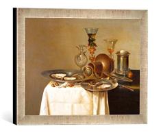 Gerahmtes Bild von Willem Claesz. Heda Stilleben mit Pokalen und Austern, Kunstdruck im hochwertigen handgefertigten Bilder-Rahmen, 40x30 cm, Silber Raya