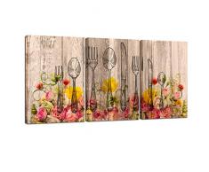 Sechars – 3 Panel Leinwand Art Wall Decor Classic-Besteck Set Löffel, Gabeln und Messer in Holz Backgroud Illustration Bild Wall Art Prints auf Leinwand Modern Restaurant Küche Wand Dekorationen