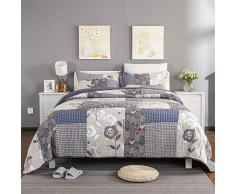 3-teiliges Bettwäsche-Set für King-Size-Betten (254 x 264 cm), grau-blau bedrucktes Patchwork, leichte Tagesdecke, Überwurf für alle Jahreszeiten, 100% Baumwolle, 1 Steppdecke und 2 Kissenbezüge.