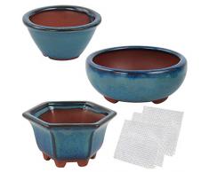kilofly Happy Bonsai 3 kleine glasierte Töpfe, Vorteilsset + 3 weiche Abflusssiebe