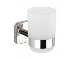 WENKO Zahnputzbecherhalter Mezzano, abnehmbarer Zahnputzbecher aus satiniertem Glas, Halterung aus hochwertigem, glänzendem Edelstahl rostfrei, 7 x 9,5 x 10,5 cm