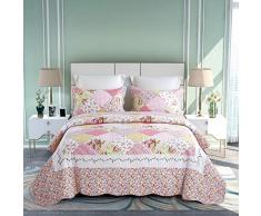 3-teiliges Bettdecken-Set, Blumenmuster, Patchwork, Tagesdecke, Steppdecke, Bettwäsche-Set, Rosa, Queen Size