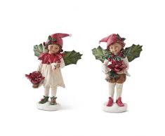 K&K Interiors 53083B sortiertes Kunstharz Junge Mädchen mit Stechpalmenflügeln mit Weihnachtsstern (2 Stile), rot, weiß und grün