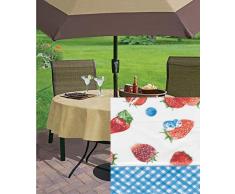 Newbridge Tischdecke aus Vinyl mit Flanellrückseite, Motiv Erdbeere und Heidelbeeren, für drinnen und draußen, pflegeleicht, Vinyl-Tischdecken Landhausstil 70 Zipper Umbrella Round Erdbeerfelder