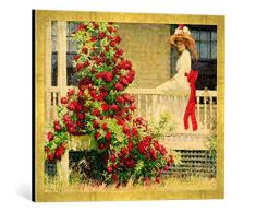 Gerahmtes Bild von Philip Leslie Hale Die blutrote Kletterrose, Kunstdruck im hochwertigen handgefertigten Bilder-Rahmen, 70x50 cm, Gold Raya