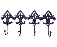 Lulu Decor Schlüsselhaken, aus Gusseisen, Fleur de Lis, 4 Haken, zum Aufhängen von Schlüsseln, Schürzen, Handtuch Antik-Schwarz