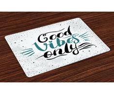 Lunarable Zitat Platzsets 4er Set Good Vibes Only Hand Schriftzug mit verschmiert gebeiztem Hintergrunddruck, abwaschbare Stoff-Tischsets für Esszimmer, Küche, Tischdekoration, Kokosnussschwarz und Blaugrün