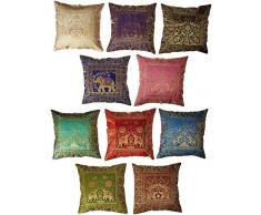 Rajasthali Elefant Banarsi Seide Indische Ethnische Bohemian Dekorative Kissenbezug Handarbeit Patchwork Sari Überwurf Kissen Boho Decor Kissenbezug als Geschenk 16X16 Mehrfarbiges Set mit 10 Stück.