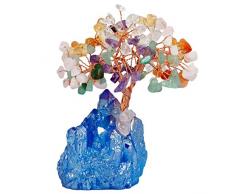 SUNYIK Trommelstein Edelstein Geld Baum Bonsai Fengshui Lucky Heilung Dekoration Multicolor Crystal Tree Wrapped on Royal Blue Titanium Coated Base(2.3)