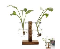 XelparucTS Hydrokultur-Vase im Vintage-Stil, für den Schreibtisch, Blumenvase, Glas, Blumenvase, Blumenvase, Blumenvase, Hydrokultur, Pflanzen, Büro, Schreibtisch, Hochzeit, Dekoration, mit Retro-Holzständer