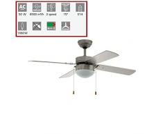 EGLO Deckenventilator Gelsina, 4 Flügel Ventilator mit Zugkette, Deckenventilator mit Beleuchtung und Sommer Winter Betrieb, Flügelmaterial MDF in Silber, AC Motor, Ø 106,6cm