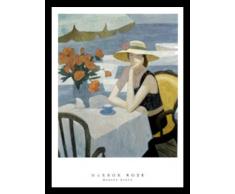 Buyartforless Kunstdruck, Motiv Harbor George Xiong, 61 x 32 cm, abstrakte Figurative Frau sitzt am Tisch mit Tee und roten Rosen in Vase, Grau