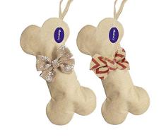 Maxracy Jute Weihnachtsstrümpfe, Weihnachtsstrümpfe, Kamin, hängende Knochenform, mit Fliege und Hängeöse für Haustiere, Hund und Urlaub, Dekoration, zum Basteln Snow Bowtie + Fliege, Rot/Braun