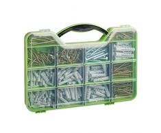 Relaxdays Dübel Schrauben Set, Sortimentskoffer mit Spreizdübeln, Sechskant- & Spanplattenschrauben, 14 Fächer, grün