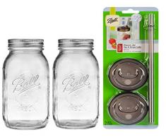 Wiederverwendbare Smoothie-Becher und Strohhalm mit breiter Öffnung, Glas Strohhalme und Deckel, 2er-Set 32 OZ farblos