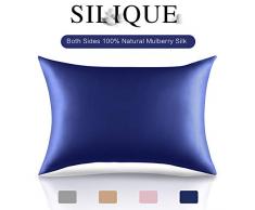 SILIQUE Natürliche Seide Kissenbezüge, 100% Maulbeerseide, Kissenbezug für Haare und Haut, Seiden-Kissenbezug mit verstecktem Reißverschluss, Seiden-Kissenbezug, Anti-Aging Seide Standard 51*66CM blau