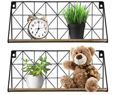 Greenco Wandregal mit geometrischer Wandmontage, schwebend, Heimdekoration, Metalldraht und rustikales Holz, für Schlafzimmer Geometric Rustikal