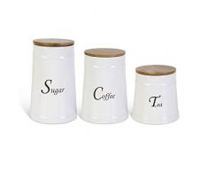 K&K Interiors 16039A Aufbewahrungsdosen für Tee, Kaffee, Zucker, mit Holzdeckel, Keramik, Weiß, 3 Stück