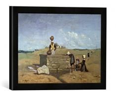 Gerahmtes Bild von Jean-Baptiste Camille Corot Bretonische Frauen am Brunnen, Kunstdruck im hochwertigen handgefertigten Bilder-Rahmen, 40x30 cm, Schwarz matt