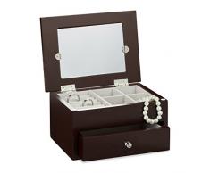 Relaxdays Schmuckkästchen mit Fotodeckel HBT 9,5 x 18,5 x 13,5 cm kleiner Schmuckkasten mit Ringfach Schmuckaufbewahrung für Ketten und Ohrringe Schmuckschatulle mit Schubfach und Spiegel, dunkelbraun