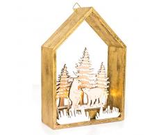 EUROCINSA Wandhaus oder Tisch, aus Holz mit Lichtern (ohne Batterien) mit Weihnachtsmotiven Gold 16 x 23 cm 2 Stück, Gold/Weiß, Einheitsgröße