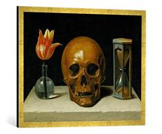 Gerahmtes Bild von Philippe de Champaigne Vanitas, Allegorie der Vergänglichkeit mit Totenkopf und Stundenglas, Kunstdruck im hochwertigen handgefertigten Bilder-Rahmen, 80x60 cm, Gold Raya