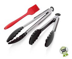 chefvie Premium Edelstahl Silikon Küchenzange 2 Pack (9 Zoll & 12 Zoll) schwarz, Bonus Backpinsel aus Silikon