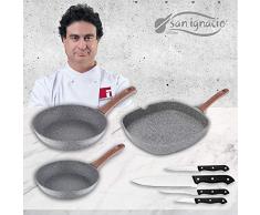 San Ignacio Granito Set 3 Pfannen + 4 Messer, geschmiedetes Aluminium
