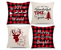 PANDICORN Set von 4 Weihnachts-Kissenbezügen für Zuhause, Weihnachtsdekoration, Weihnachtsbaum, Schlitten, Santa Rentier, rot und schwarz Buffalo Plaid Karo Überwurf Kissenbezüge, 18 x 18 cm 18 x 18 4 Stück Weihnachten 1