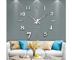 Moderne Rahmenlose DIY Wanduhr Große 3D Wand Uhr tickt Nicht für Wohnzimmer Schlafzimmer Küche (2 Jahre Garantie) Silver-002