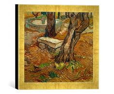 Gerahmtes Bild von Vincent Van Gogh Steinbank im Garten des Hospitals Saint-Paul, Kunstdruck im hochwertigen handgefertigten Bilder-Rahmen, 30x30 cm, Gold Raya