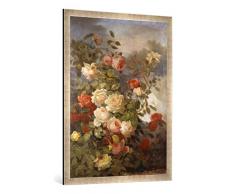 Gerahmtes Bild von Alexandre Debrus Stilleben mit Rosen vor Einer Flußlandschaft, Kunstdruck im hochwertigen handgefertigten Bilder-Rahmen, 70x100 cm, Silber Raya