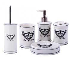 GMMH Landhaus Vintage BADSET Herz Badezimmer ZUBEHÖR Set SEIFENSPENDER WC BÜRSTE Keramik (5 er Set)